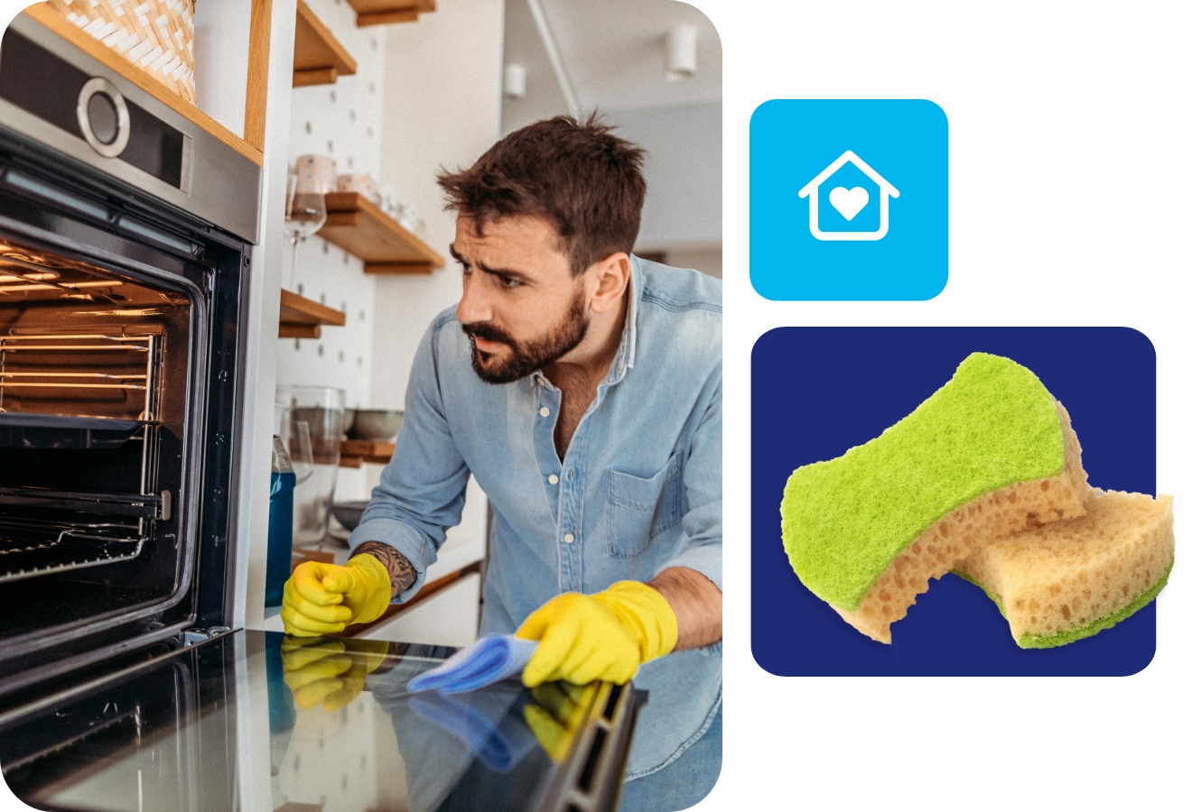 Ein Mann steht mit gelben Haushaltshandschuhen vor dem geöffneten Backofen, um ihn zu reinigen