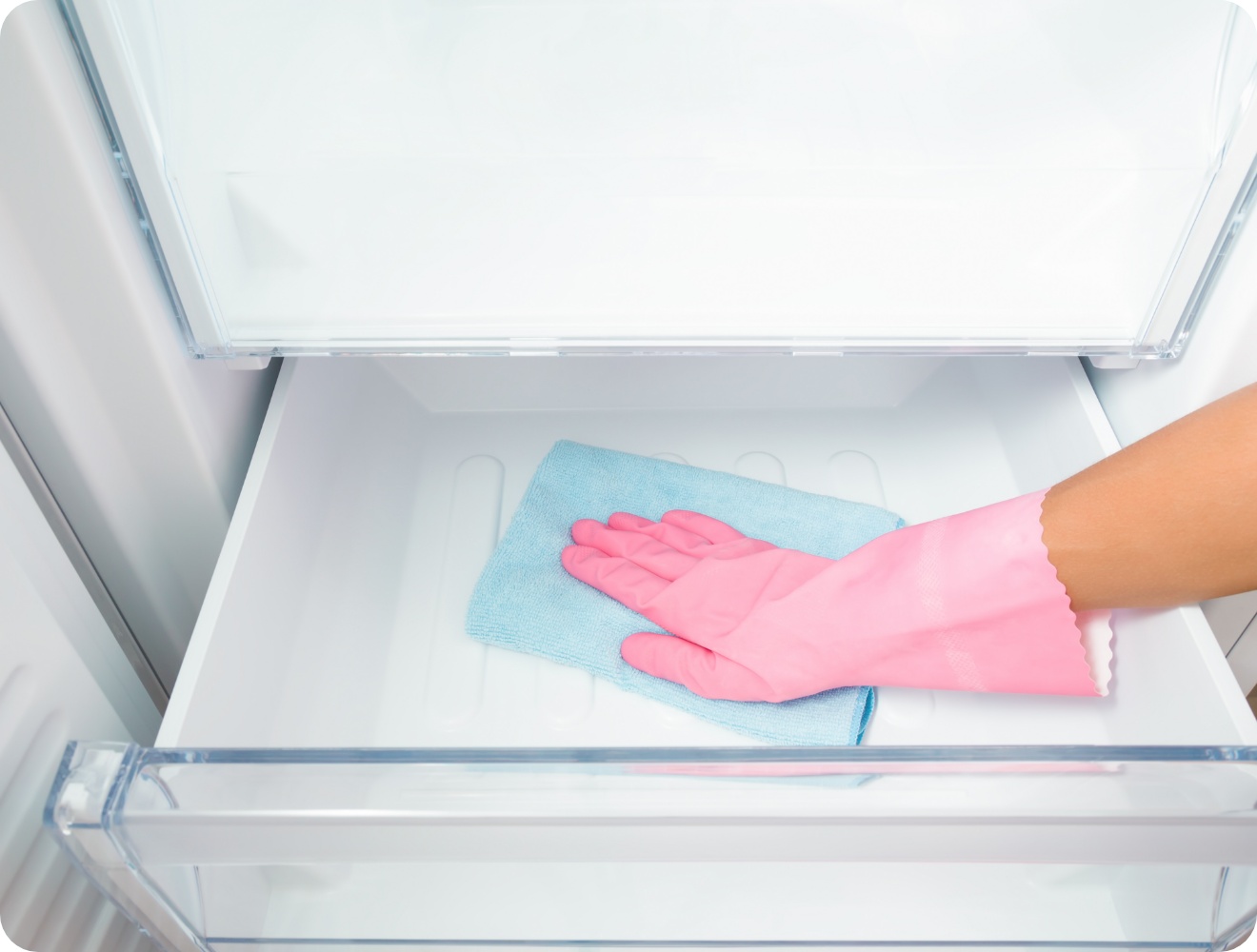 Person mit rosa Gummihandschuhen reinigt ein leeres Gefrierfrach mi einem blauen Mikrofasertuch.