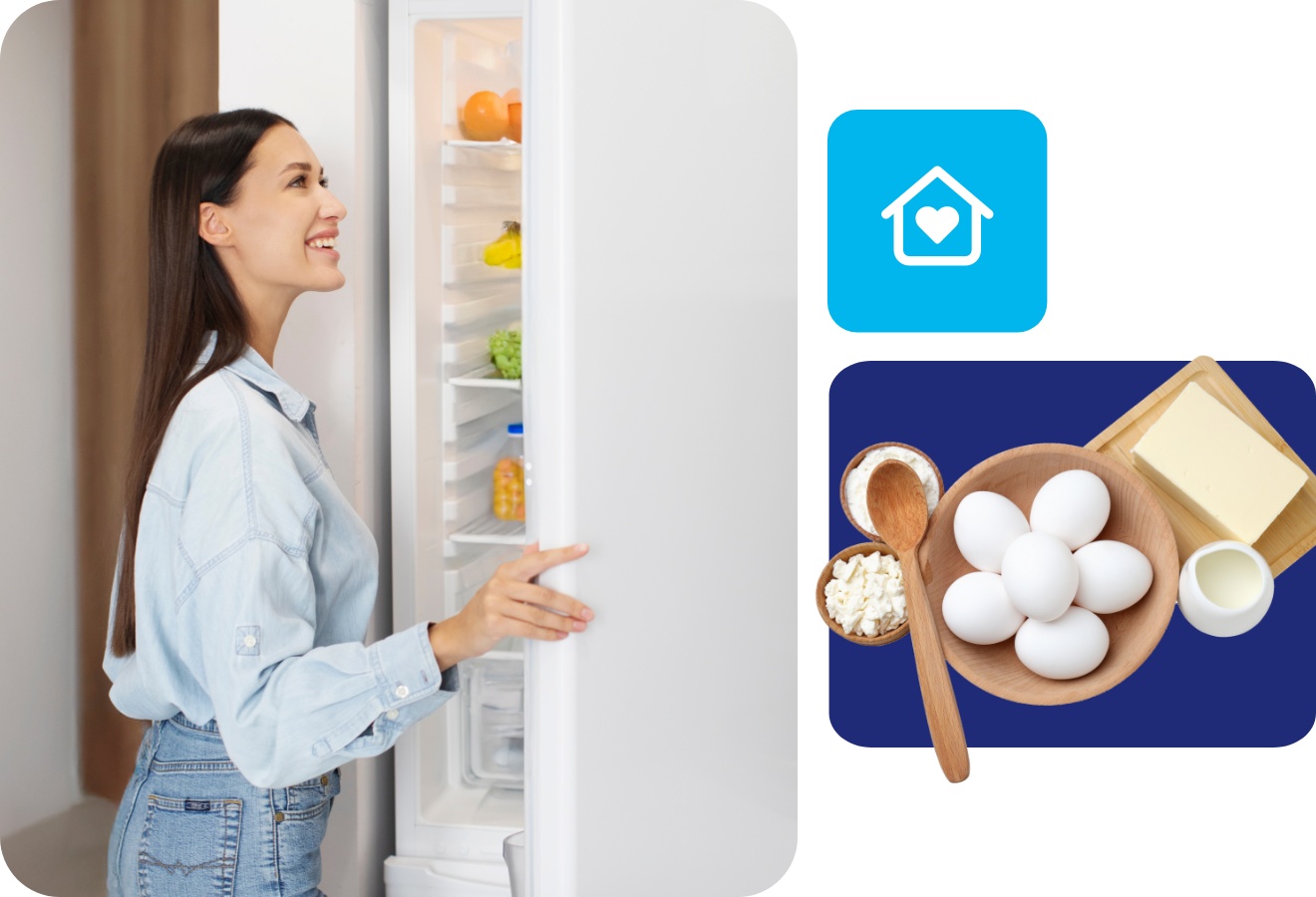 Junge Frau öffnet lächelnd einen weißen Kühlschrank in moderner Küche mit Obst und Gemüse im Inneren.