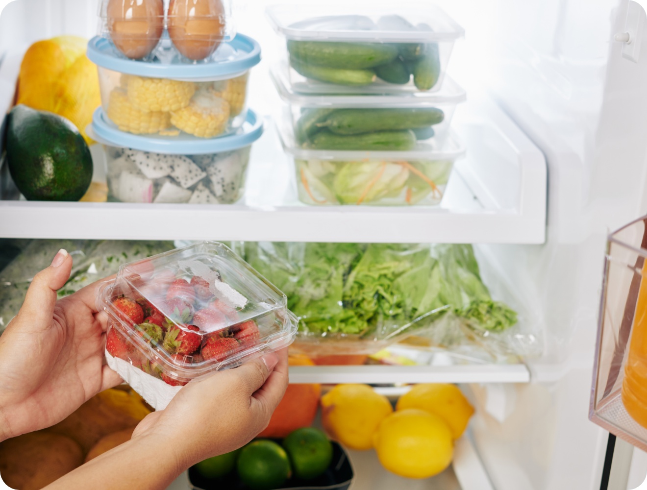 Eine Person hält eine Schale mit Erdbeeren vor einem gut organisierten Kühlschrank mit frischem Obst, Gemüse und Lebensmitteln.