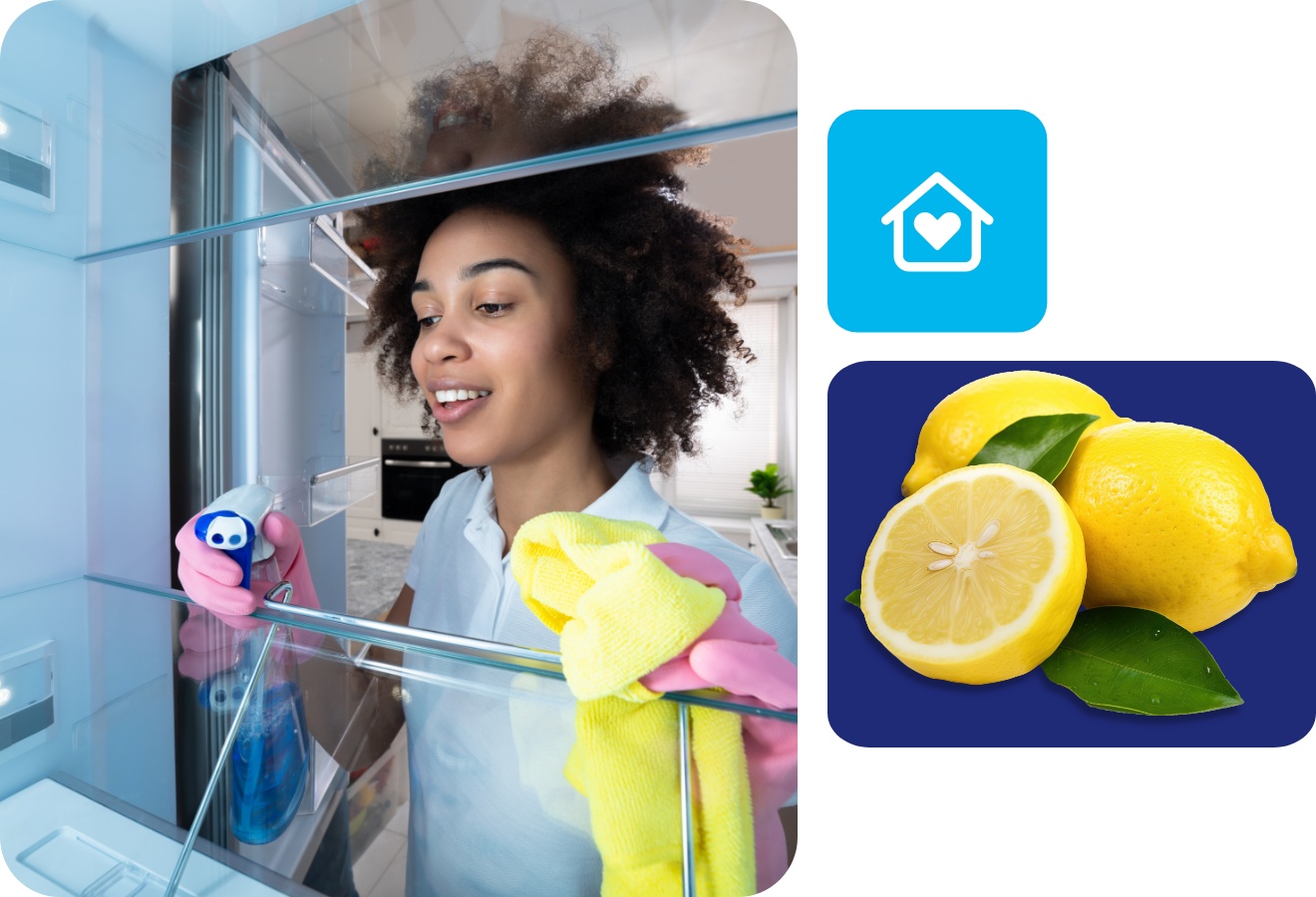 Frau mit Handschuhen reinigt einen leeren Kühlschrank mit Sprühreiniger und gelbem Mikrofasertuch in moderner Küche.