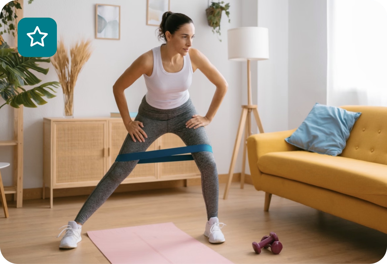 Frau macht Übungen mit einem Fitnessband zu Hause in modernem Wohnzimmer.