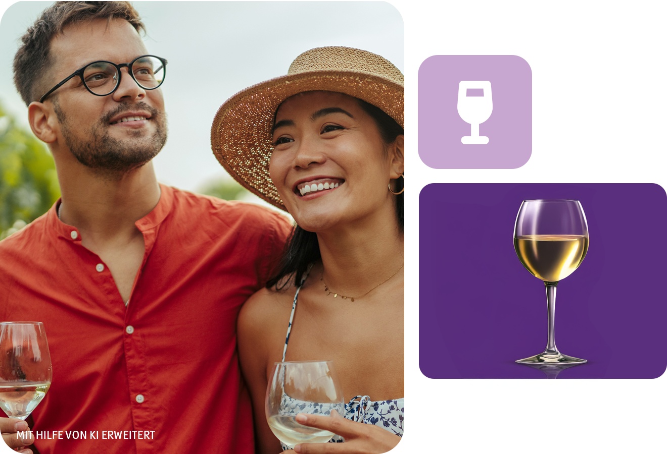 Ein Paar hält sich fröhlich in den Armen und trinkt gemeinsam ein Glas Riesling.