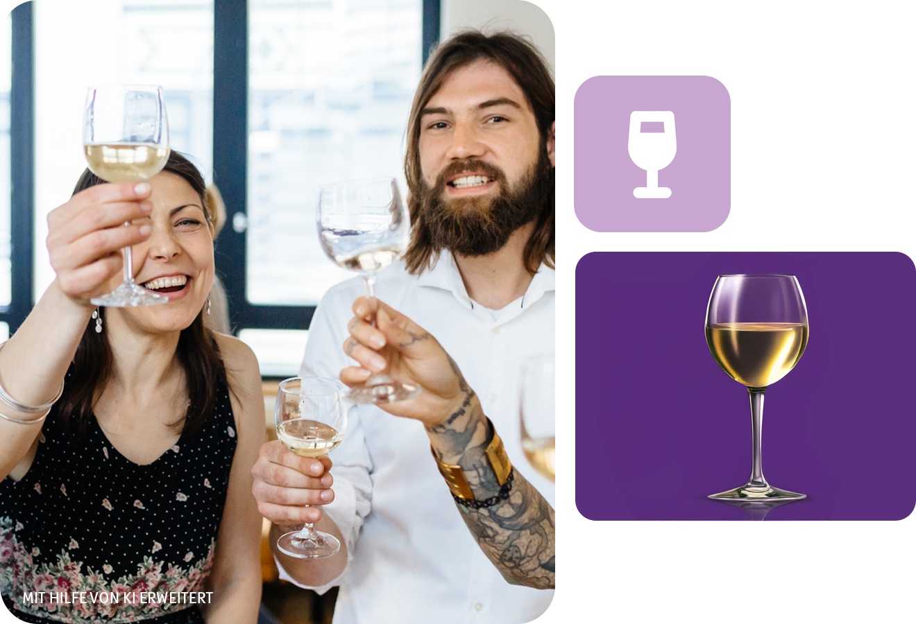 Gruppe von Freunden stößt mit Weißweingläsern in einem hellen Raum an, alle lächeln und sind fröhlich.