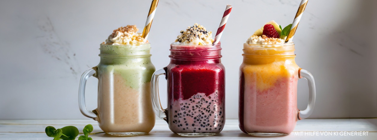 Drei bunte Smoothies in Gläsern mit Griffen, verziert mit Sahne, Früchten und Streuseln, jeweils mit Trinkhalmen.