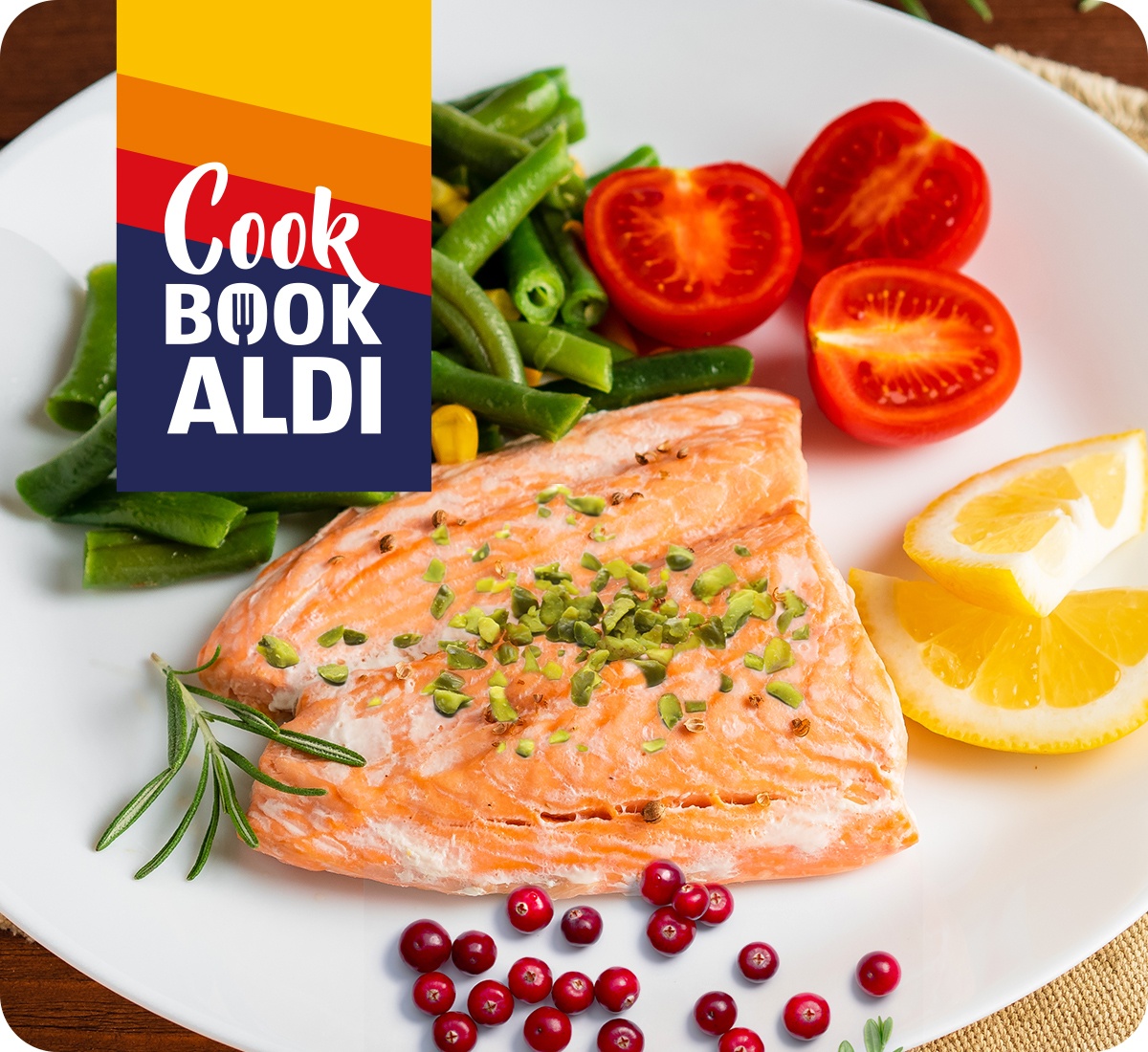 Filetto di salmone con fagiolini, mirtilli rossi e pistacchi 