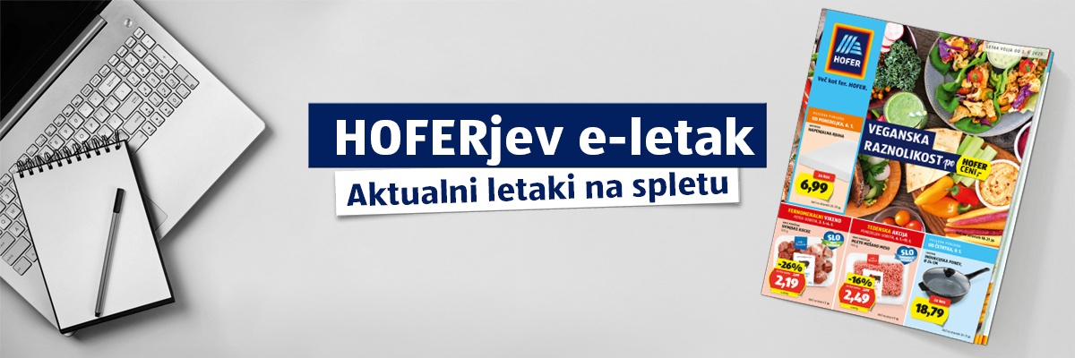 Računalnik in Hoferjev letak na sivi podlagi