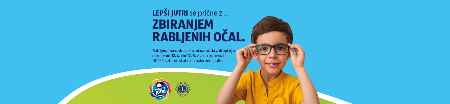 Fantek z očali in s škatlo v ozadju sporoča, da se v HOFERju pričenja nova zbiralna akcija očal.