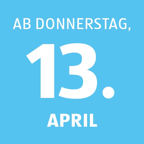 Kalenderkachel für die Angebote ab Donnerstag, 13.04. auf blauen Hintergrund.