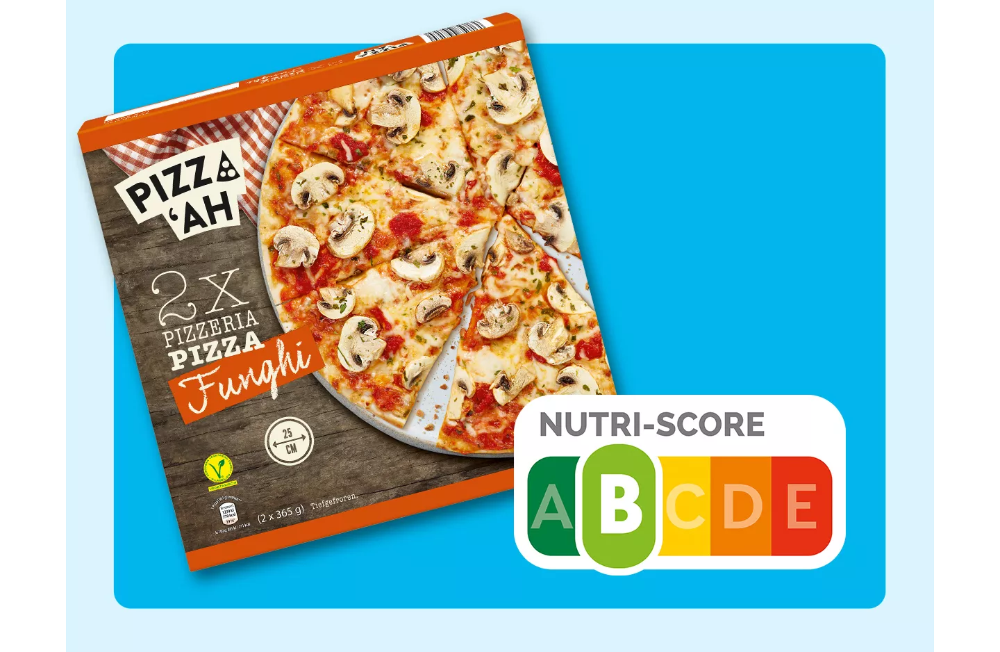 PIZZ'AH Pizza Funghi auf blauer Kachelgrafik mit Nutri Score Abbildung.