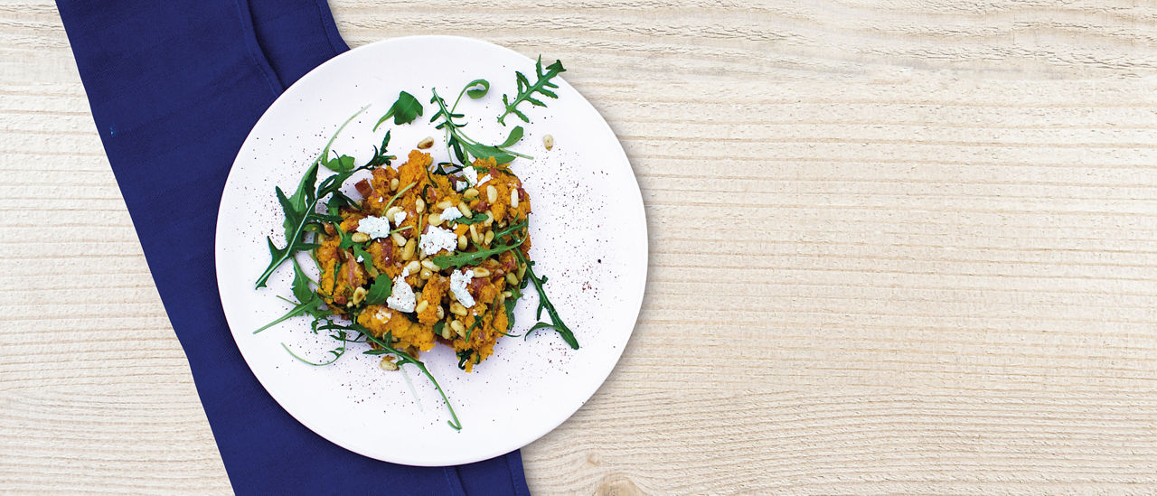 Zoete aardappel stamppot met rucola en geitenkaas van ALDI