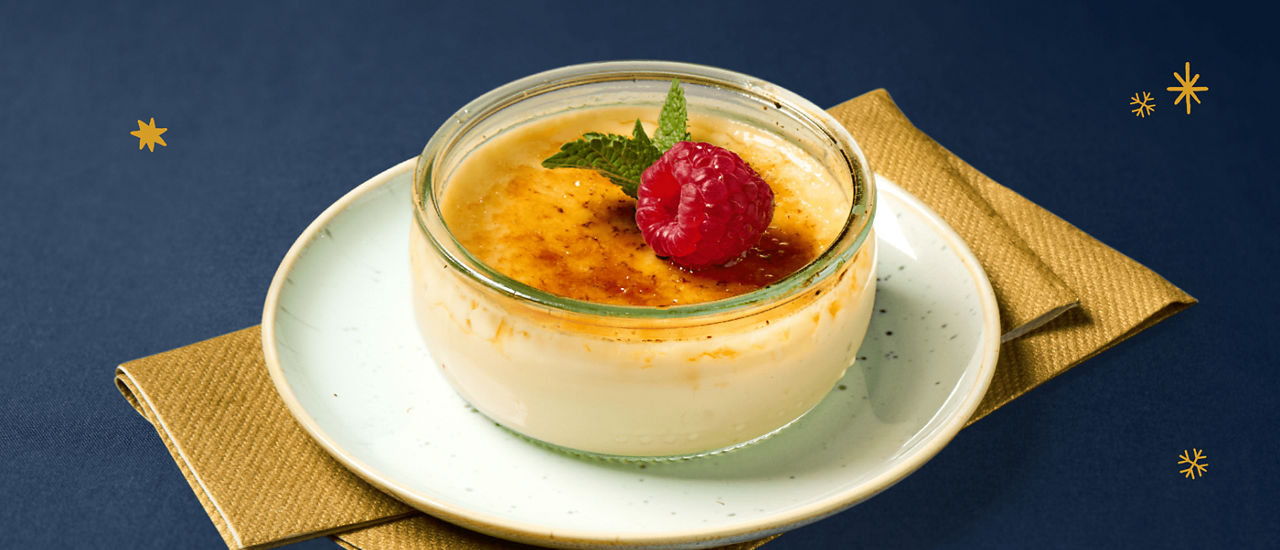 Créme Brûlee met framboos en munt