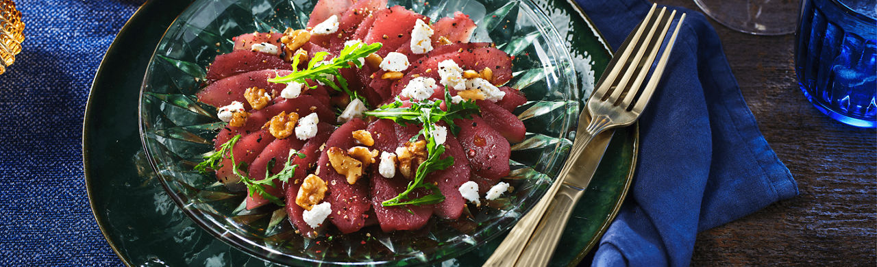 carpaccio stoofperen geitenkaas