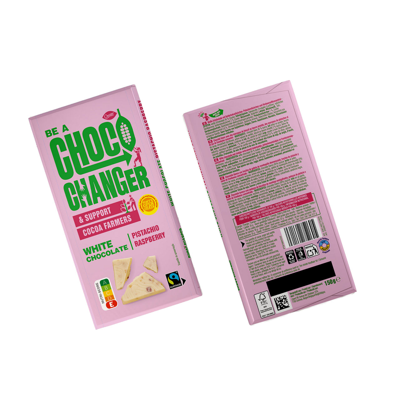 Choceur CHOCO CHANGER bij ALDI in drie smaken: melk-gezouten karamel, 70% puur, en witte chocolade met framboos en pistache, in samenwerking met Tony's Open Chain