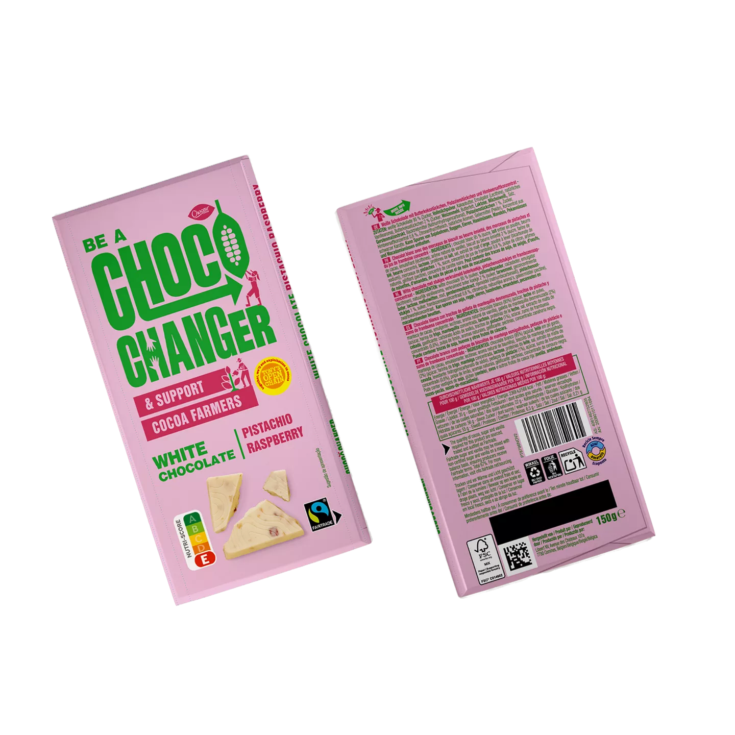 Choceur CHOCO CHANGER bij ALDI in drie smaken: melk-gezouten karamel, 70% puur, en witte chocolade met framboos en pistache, in samenwerking met Tony's Open Chain