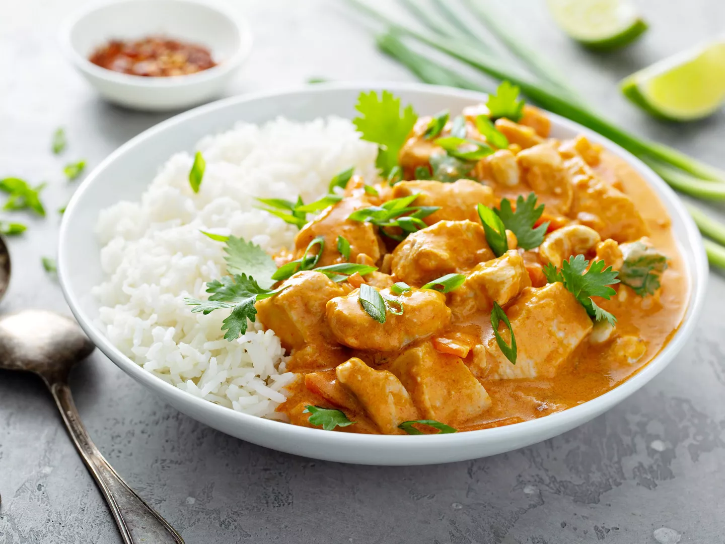 Plato arroz con salsa curry cilantro pollo