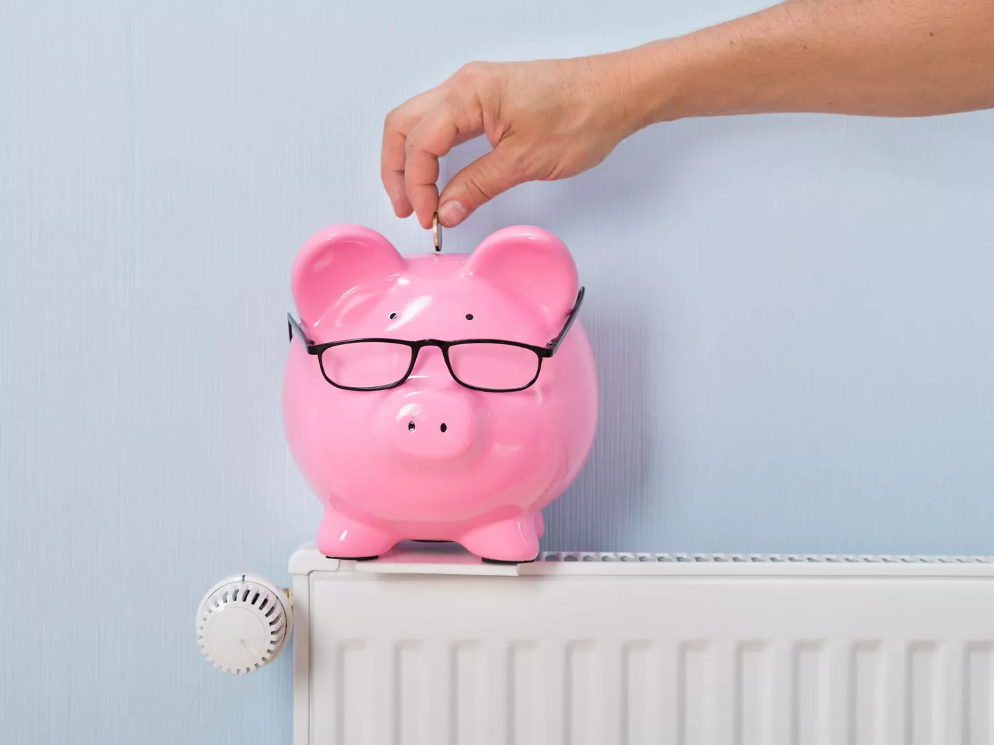 Radiador hucha cerdito rosa mano metiendo moneda