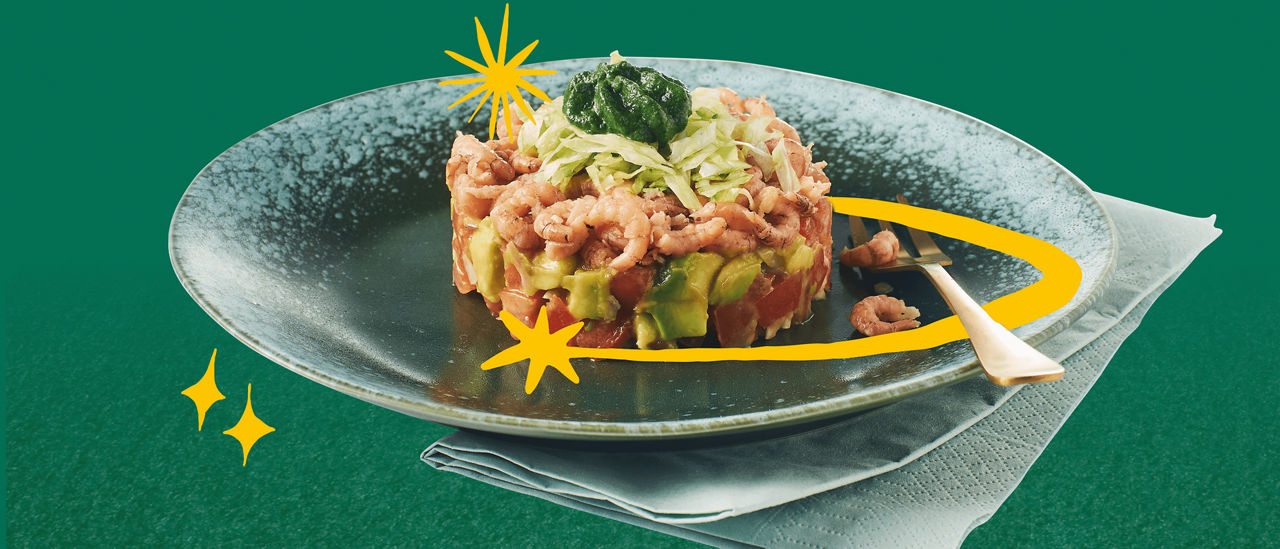 Tomaten-avocadotartaar met Hollandse garnalen en spinaziedressing bij ALDI