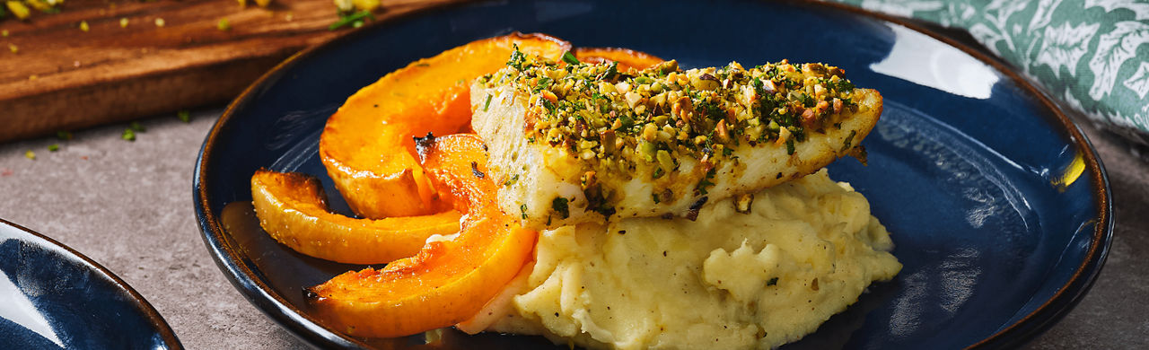 kabeljauw pistachekorst pompoen aardappelpuree