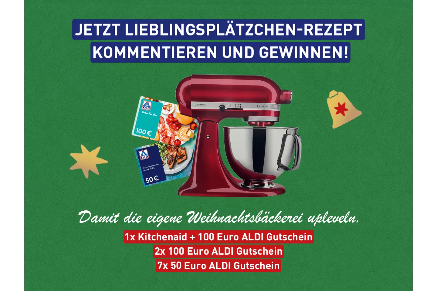 Eine rote KitchenAid auf grünem Hintergrund im weihnachtlichen Design.