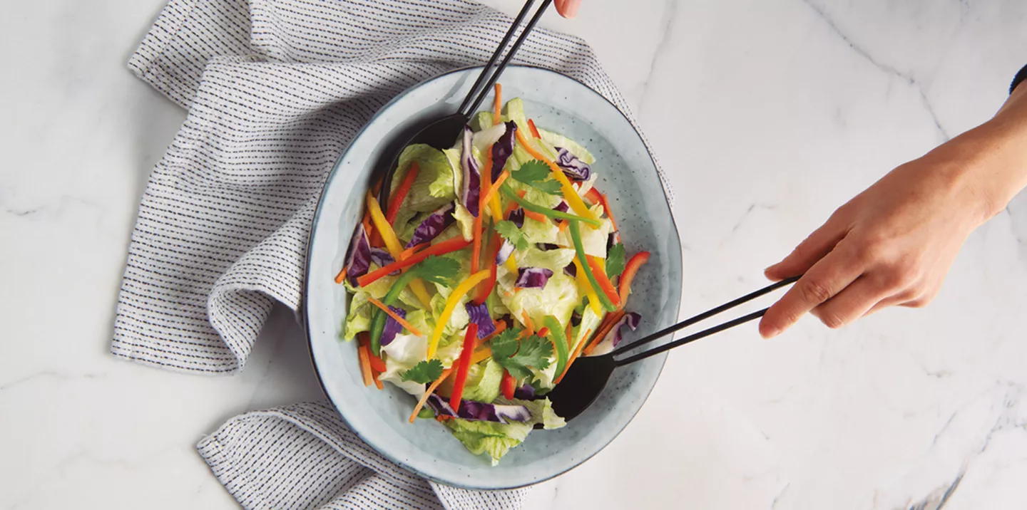 Persona ensalada alimentos probióticos prebióticos