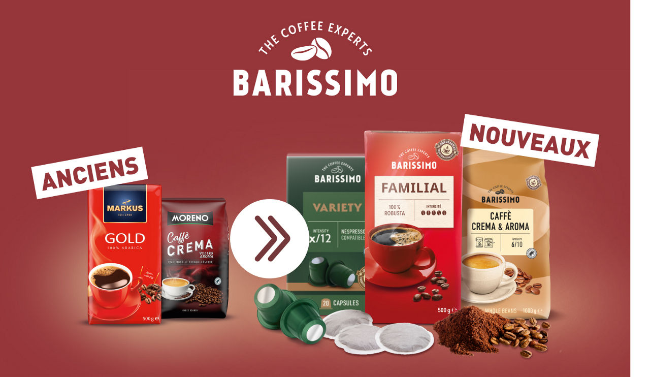 Les adeptes du café les connaissent, nos marques MARKUS® et MORENO® font leur départ pour laisser place à BARISSIMO®. BARISSIMO®, c’est votre nouvelle marque de café ALDI qui vous propose le café sous toutes ses formes : moulu, en grains, en capsules et plus encore.  Que vous soyez plutôt café fort ou café crémeux, BARISSIMO® vous propose une multitude d’arômes et un café de grande qualité à prix discount, pour satisfaire tous les goûts et tous les budgets.  Retrouvez toute l'année les produits BARISSIMO® au rayon boissons chaudes de votre magasin ALDI.