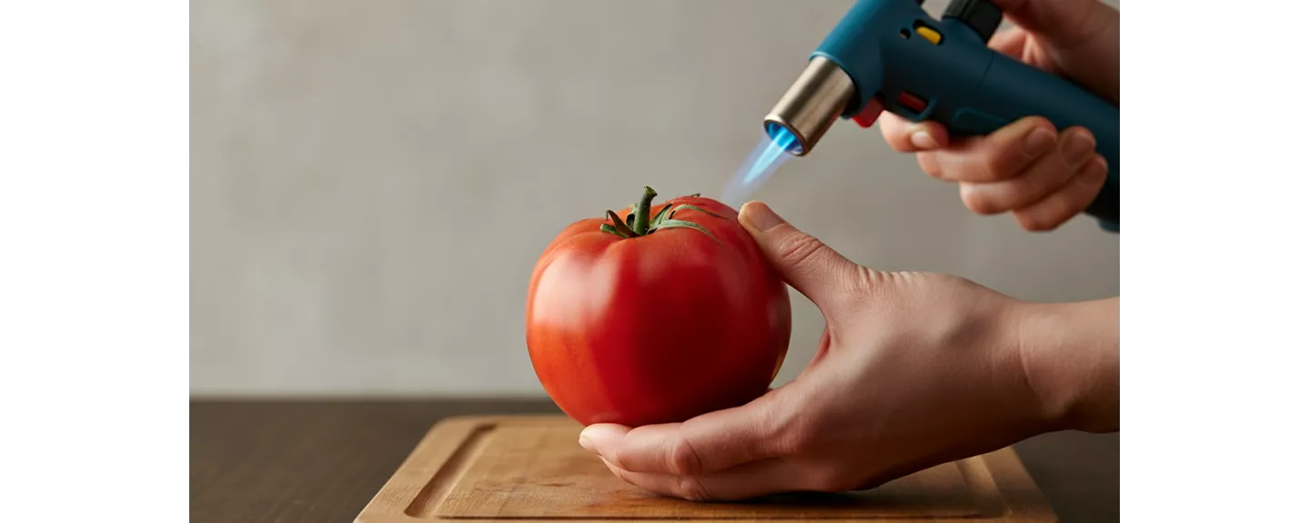 Tomate con un soplete para pelarlo