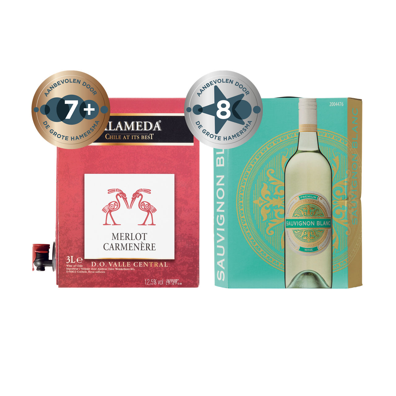 Bag-in-box Alameda Merlot Carmenêre, Chili of Sauvignon Blanc, Zuid-Afrika
