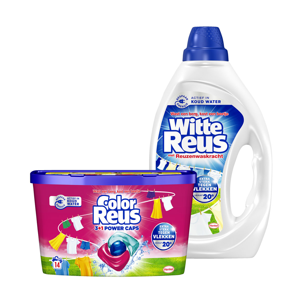 Witte, frisse of color reus wasmiddel of caps