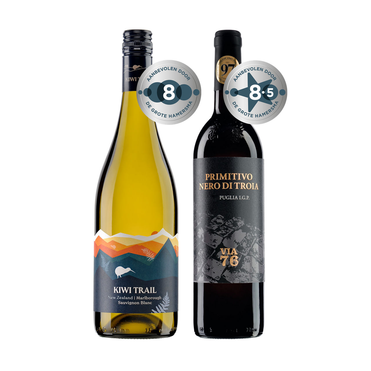 Primitivo Nero Di Troia, Italië of Kiwi Trail Sauvignon Blanc, Nieuw-Zeeland