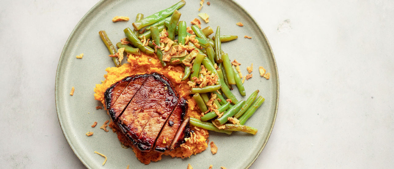 Oosters filetlapje met zoete aardappelpuree en sperzieboontjes recept ALDI