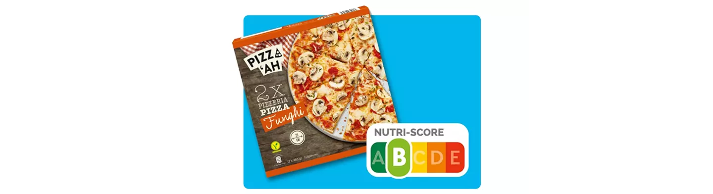 PIZZ'AH Pizza Funghi auf blauer Kachelgrafik mit Nutri Score Abbildung.