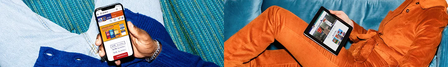 ALDI ONLINE SERVICES Überschrift auf hellblaumen Grund, darunter zwei Bilder.