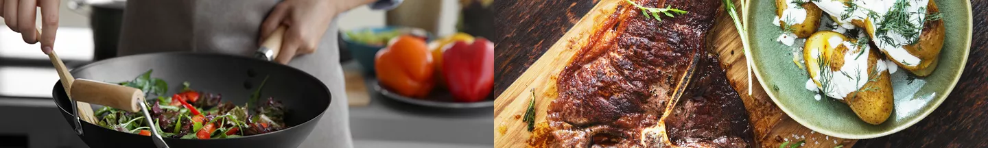 Links kocht eine Person ein Wokgericht, rechts wird ein Steak auf einem Holzbrett serviert.