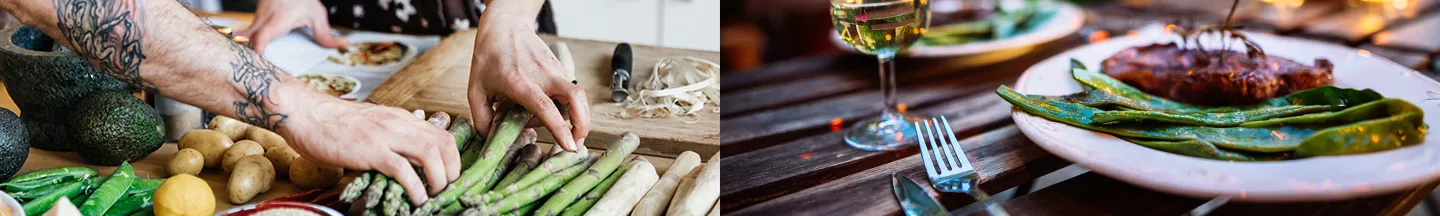 Hände, die Gemüse wie grünen Spargel verarbeiten sowie ein dazu passendes Gericht mit Fleisch.
