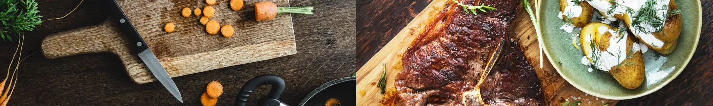 Geschnittene Möhren und ein Gericht mit Fleisch und Ofenkartoffeln.