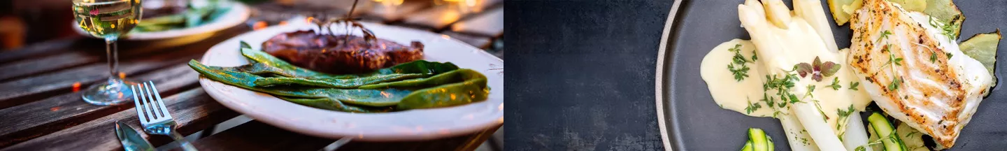 Rechts ein gedünstetes Fischgericht, daneben ein Gericht mit Fleisch, grünen Bohnen und einem Weißwein.