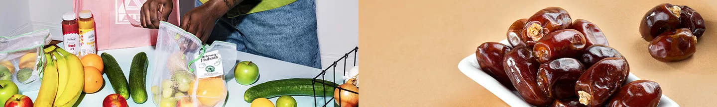 Person an einem mit frischen Lebensmitteln gedeckten Tisch, daneben ein Bild einer Schale Datteln.