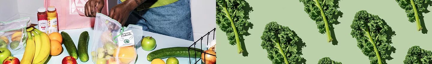 Grünkohl-Blätter auf grünem Untergrund und eine Person, die Trauben aus ihrer Packung nimmt.