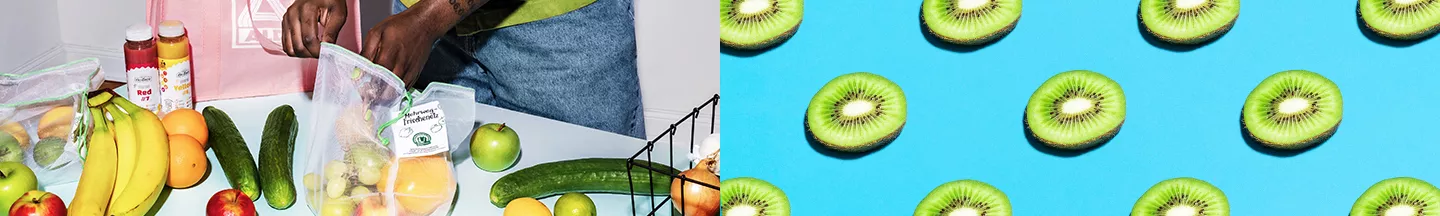 Halbierte Kiwis auf blauem Untergrund und ein Bild einer Person, die sich helle Trauben aus ihrer Packung herausnimmt.