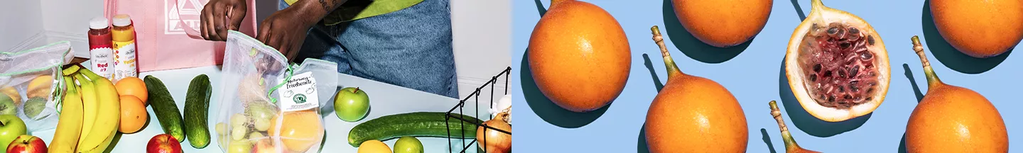 Eine halbe und mehrere geschlossene Maracujas und eine Person, die sich Trauben von einem Tisch nimmt. 