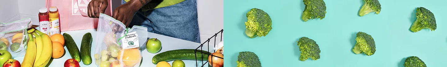 Mehrere Brokkoliröschen auf Blau und danabene eine Person, die sich Weintrauben aus einer Tüte nimmt.