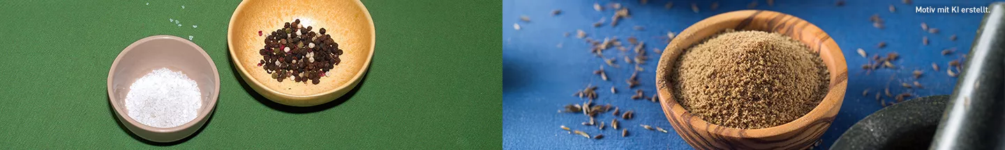 Verschiedene Holzschalen mit Gewürzen auf grünem und blauem Untergrund dargestellt.