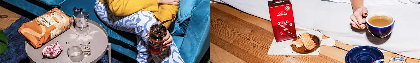 Zwei unterschiedliche Szenen in denen eine Tasse Kaffee getrunken wird.