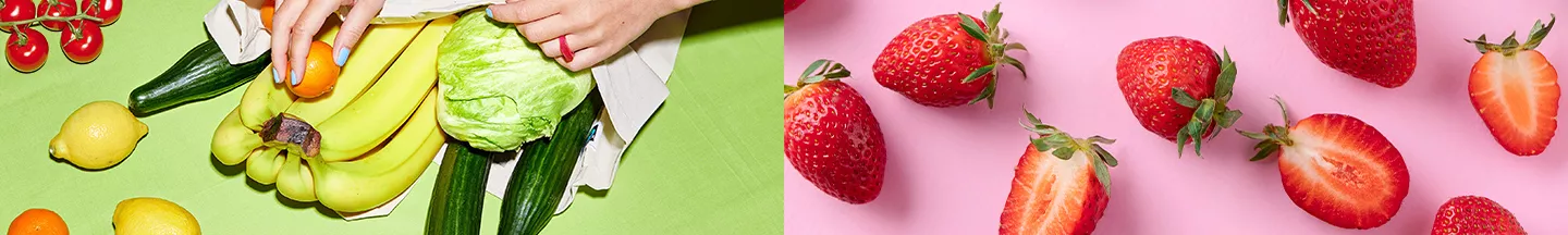 Links ein Einkaufstausche aus Jute mit Obst und Gemüse, rechts mehrere Erdbeeren auf rosa Untergrund.