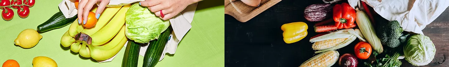 Frisches Obst und Gemüse in unterschiedlichen Darstellungen.