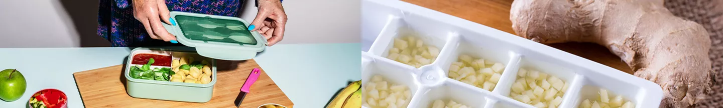 Person macht Meal Prep und Ingwerknolle sowie klein gewürfelter Ingwer in Eiswürfelbereiter.