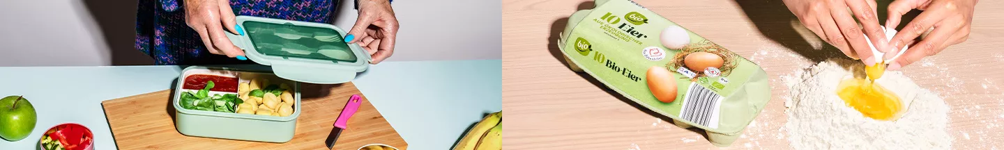 Person macht Meal Prep und bereitet einen Teig mit Ei und Mehl vor.