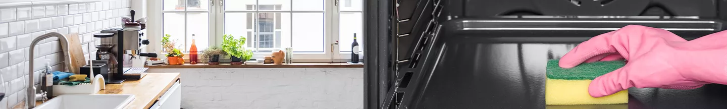 Küchenzeile mit Kaffeemaschine am Fenster und Backblech wird mit Schwamm gereinigt.