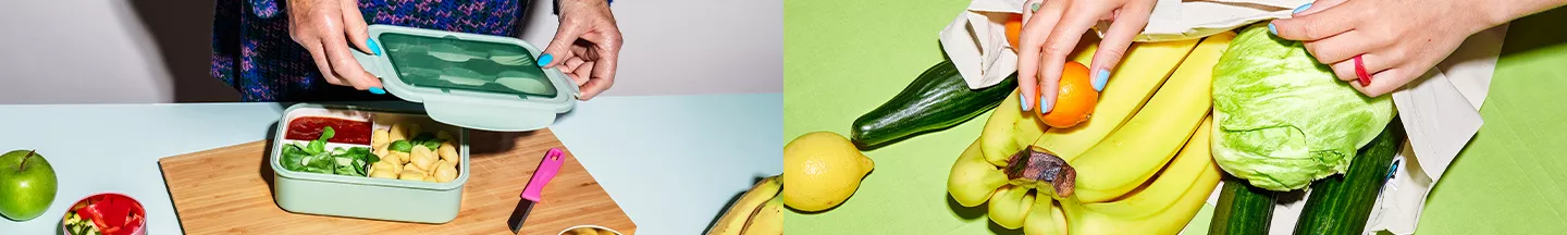 Person macht Meal Prep und diverse Obst & Gemüse Produkte von ALDI Nord im Beutel.